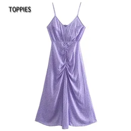 Sommar Camisole Klänning Fram Pläterad Sexig Sundress Violett Blomstryck Elegant Ladies 210421