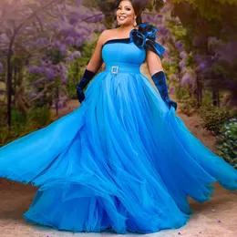 One Shoulder Blue Evening Dresses Plus Size Side Split Prom Gown Crystal Belt Ruched Puffy Special OCN GOWNS 326 326