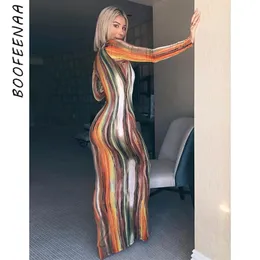 Boofeenaa Stripe Tied Druk Sexy Maxi sukienka Spring 2021 Casual Long Dress Women Night Club Długie rękawe sukienki C70CC31 x0521