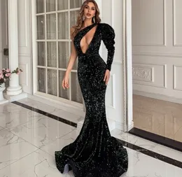 Bling sexy monospalla abiti da sera neri manica lunga sirena con paillettes scintillanti abiti per occasioni speciali abito da ballo vintage aderente da donna