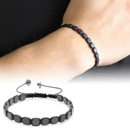 Tesbihane Special Cut Macrame Braiding Black Hematite Natural Stone Bracelet Bangle