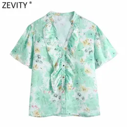 Zevity Camicetta grembiule verde con stampa floreale dolce da donna Camicia con volant a cascata con scollo a V femminile Chic manica corta Blusas Top LS9367 210603