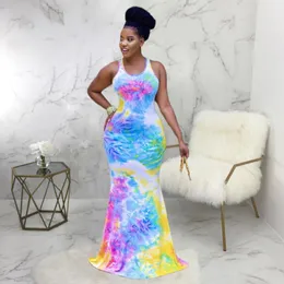 Casual Dresses Rainbow Tie Dye Print Summer Mermaid Long Dress Women Sleeveless Back Cut Out Party Elegant Female Bandage Bodycon