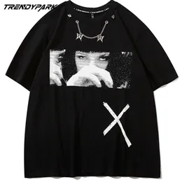 Männer T-shirt mit Halskette Mädchen im Film Clip Gedruckt Kurzarm Hip Hop Übergroße Baumwolle Casual Harajuku Tops T-shirts 210601
