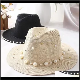 ワイドブリム帽子キャップ帽子、スカーフグローブファッションアクセサリードロップデリバリー2021セイウム夏イギリスの真珠ビーズフラットブリムされたセントシェーディング