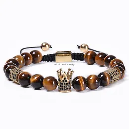 Tiger Eye Crown Bracelet Natural Stone beaded bracelets Copper Micro-inlaid Zircon Diamond Braided Bead Bracelet for Women Men Fashion Jewelry Will and Sandy