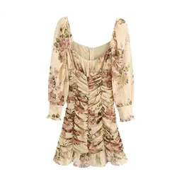 Wysokiej Jakości Kobiety 2021 Moda Floral Print Ruffled Draped Mini Dress Vintage Latarnia Rękaw Wstecz Zipper Sukienki Kobiet Vestido Casual