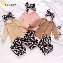 0-24 Monate geborenes Kleinkind Baby Mädchen Kleidung Set Strickpullover Top Leopard Hosen Schleife Stirnband Outfit Süßes Mädchen Kostüm 210515