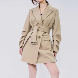 Kadın iş giysisi blazer toka kemer ile ilkbahar yaz katlanmış uzun kollu kruvaze takım elbise ceket ceket giyim 210608