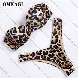 Omkagi Leopard Bikini Set Bandeau High Cut To Solid Купальники Купальники Женщины Sexy Push Up Купальный костюм Beachwear 210702
