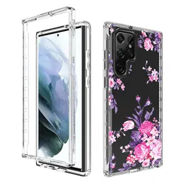 Floral flor padrão cristal 2 em 1 casos de choque à prova de choque Duro pára-choques macio tpu tampa protetora para samsung galaxy s22 ultra / s22 + plus / s22 caso