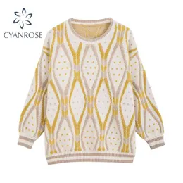 Autumn Loose Knitted Sweater Women Pullover Female Vintage Casual Long Sleeve Lingge Korean Oversize Office Lady Sweater 210417