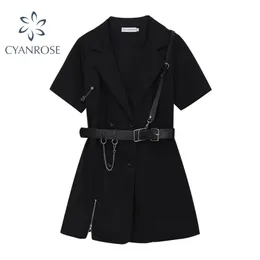 Gothic Punk Black Blazer Dress Short Sleeve Summer High Waist With Belt Streetwear Fashion Harajuku Goth Girl 210515