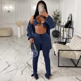 2021 Women Solid Sweater 3 Piece Set Lace Up Bra Top Full Sleeve Single Breasted Long Cardigan Split Flare Pants Knitted Suit