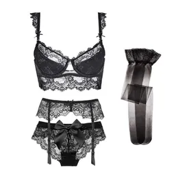 Varsmiss Womens Sexy Lingerie Set With Push Up Bra, Bow See Through Panties,  Lace Bra And Garter Belt, And Black Stockings Q0705 From Sihuai03, $14.24