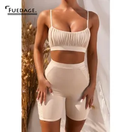 Fuedage Solid Casual Dwuczę Zestaw Kobiety Ruched Crop Top and Shorts Summer Backless Street Outfit Fashion Slim Sport Suit X0428