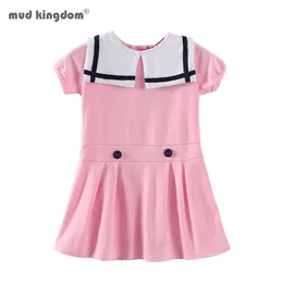 Mudkingdom Baby Girl Summer Dress Sailor Collar Krótki Rękaw Bawełniane College Sweet Girls Princess 210615