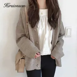 Hirsionsan柔らかいニットカーディガン女性秋冬韓国Vネックカーキセーターの女の子シックな特大の女性服210922