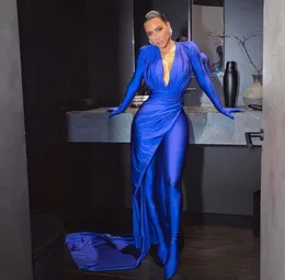 Evening dress women clothes Balqeesfathi Nawalelzoghbi Kylie jenner Blue V-Neck With trail Long sleeve Yousef aljasmi Silver Crystal Myriam fares kim kardashian