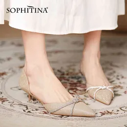 Sophitinaの女性の靴のポンプ甘いスタイルの薄いミッドヒールクリスタルドレッシングスタイリッシュな夏の尖ったつま先のされたセクシーなウェディングポンプfo141 210513