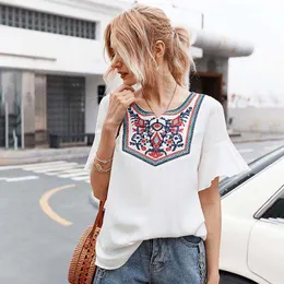 印刷刺繍女性Tシャツカジュアルな白いフレアスリーブ夏のハイストリート女性ティートップスW520 210526