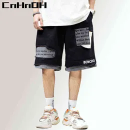 CnHnOH Tee Personality Patch Loose Fake Two-Piece Shorts Male High Street Dark Black Hip-Hop Hole Pants Casual Pants GZ-D501 H1210