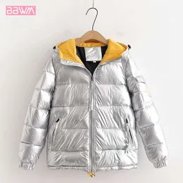 Winter Koreanischen Stil Glänzend Mit Kapuze Dicke Warme Jaket Mantel frauen Vintage Kurze Zipper Baumwolle Farbe Block Chic Tops Weibliche 210507