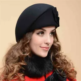 2021 Fashion Beret Women Beanie Female Cap Flower French Trilby Wool Soft Stewardess Hat gorras planas