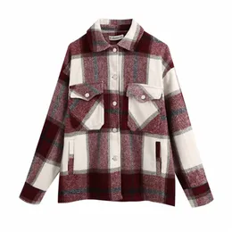 Mode Kvinnors Vintage Stylish Fickor Oversized Plaid Jacka Coat Ladies Lapel Collar Långärmad Loose Ytterwear Chic Toppar 211126