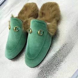 Luxury fur dress, designer shoes, men's and women's wool fluffy, comfortable and warm slippers, fashionable flat bottom embroidered metal buckle chain casual sandals