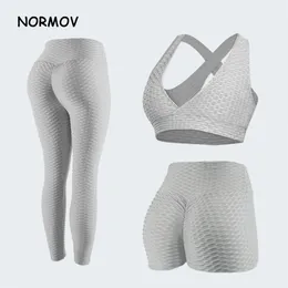 NORMOV Anti Cellulite 2/3 Pc Set fitness senza cuciture Allenamento a vita alta Leggings push up Abbigliamento sportivo sottile 210910