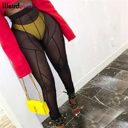 Weird Puss Sexig Sommar Mesh See Through Leggings Fitness Striped High Waist Pantalones de Mujer Fashion Skinny Party Jeggings 211215