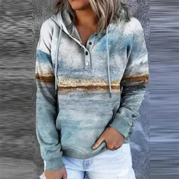 Jesień Zima Fahsion Casual Sznurka Przycisk Topy Pullover Bluzy Kobiety Vintage Krajobraz Drukowane Bluzy z kapturem 211206