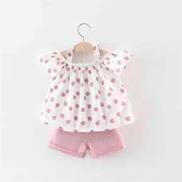 Sommar 2-bitars toddler tjejer frukttryck båge topp och shorts sätter baby barn kläder 210528