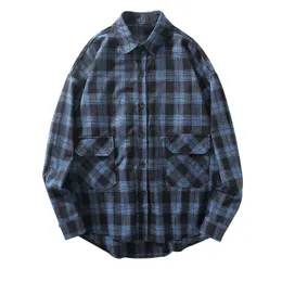 Männer Hip Hop Casual Streetwear Kleid Shirts Mäntel Harajuku Mode Hemd Tops Front Taschen Langarm Plaid männer