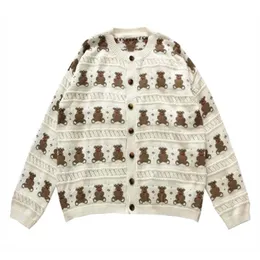 Być może U Kobiety Krótki Sweter Krótki Sweter Knitted O Neck Cardigan Button Polka Beige Bear Cartoon Outwear Jesień M0144 211011