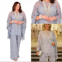 LACE COMPLETA DA PANTE DE BRIDA MANES LONGA LONGO LONGOS TRÊS PERSENCIMENTOS SIERN GREY FORMAL MULHERES PLUS TAMANHOS Mãe vestidos para o casamento