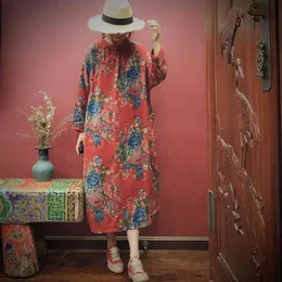 Johnature Wiosna Moda Retro Bawełniana Pościel Drukuj Kwiat Przycisk Sukienki Wygodne Długie Rękaw Kobiety Dress 210521
