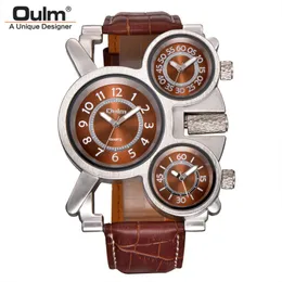 Наручные часы OULM, мужские винтажные часы в стиле стимпанк, панк с кожаным ремешком, 3 часовых пояса, японское движение, рок-ролл, повседневные кварцевые часы Mont238G