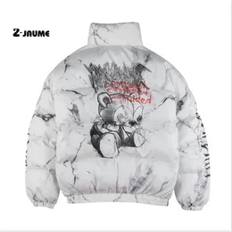 Hip Hop Jacket Parka Hurt Bear Print Men Winter Windbreaker Streetwear Harajuku Padded Coat Warm Outwear Hipster 211214