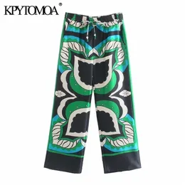 Kpytomoa Women Fashion Side Tasches Stampare pantaloni larghi pantaloni gamba vintage ad alta elastica in vita da donna pantaloni caviglie Mujer 211115