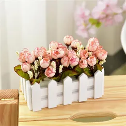 Vit Solid Trä Staket Konstgjorda Blomma Små Bonsai Rose Sätt Simulering Blommor Fake Potted Plant Picket Bröllopsinredning