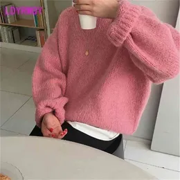 Korean autumn and winter loose pink Pullover Sweater Regular Office Lady Solid Other Polyester 210416