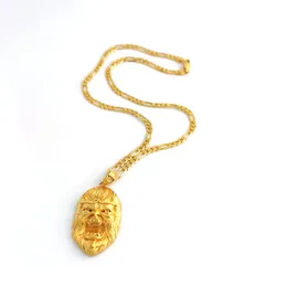 24 k Solid Fine Gold Yellow Head Pendant Handsome Monkey King US Width Fashion Jewelry Ltalian Figaro Link Chain Necklace