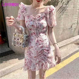 Ldyrwqy Yaz Fransız Şifon Trim Kare Yaka Moda Mizaç Elbise Ofis Lady Polyester 210416