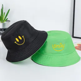 Moda donna cotone reversibile cappello da pescatore double face secchio caps giallo verde sombreros de mujer chapeu lettera sorriso gorra tesa larga h