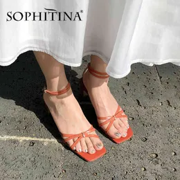Sophitina Moda Olgun Sandalet Kadınlar Yüksek Kaliteli İnek Deri Katı Kelebek-Düğüm Dekorasyon Ayakkabı Toka Kayış Sandalet PO540 210513