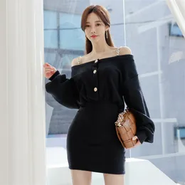 Off Ramię Koreańskie Panie Z Długim Rękawem Fall Winter Casual Party Mini Dress for Wome Chiny Odzież 210602