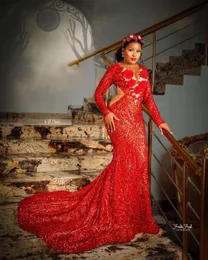 2021 Glitter Red Sequins Evening Dresses Plus Size Long Sleeves Handmade Flower With Sweep Train Custom Made Aso Ebi Gowns