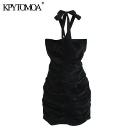 Women Sexy Fashion Draped Mini Halter Dress VIntage Back Bow Tied Side Zipper Female Dresses Vestidos Mujer 210416